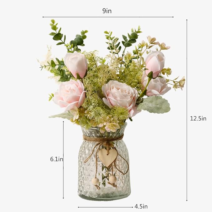 YJ Fake Flowers with Vase, Artificial Flowers Silk Roses Flower Bouquet in Vase, Faux Flower Arrangements,Farmhouse Table Decor,Table Decorations for Living Room,Coffee Table Decor(Pink)