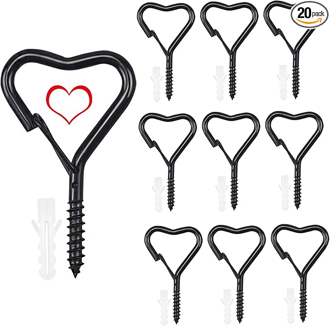 Lamp Wire Hook，Heart-Shaped Screw-in Wall Hooks for Outdoor Decor, Champagne Metal, Key Hook，Decorative Plant Hanging，Clothes Hook (Black, 10Pcs)