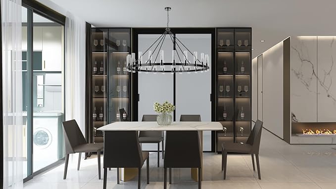 70 Inch Black Wagon Wheel Chandelier with Glass Shade, 24 Lights, Modern Farmhouse Style, Ideal for Dining Room, Kitchen, Entryways