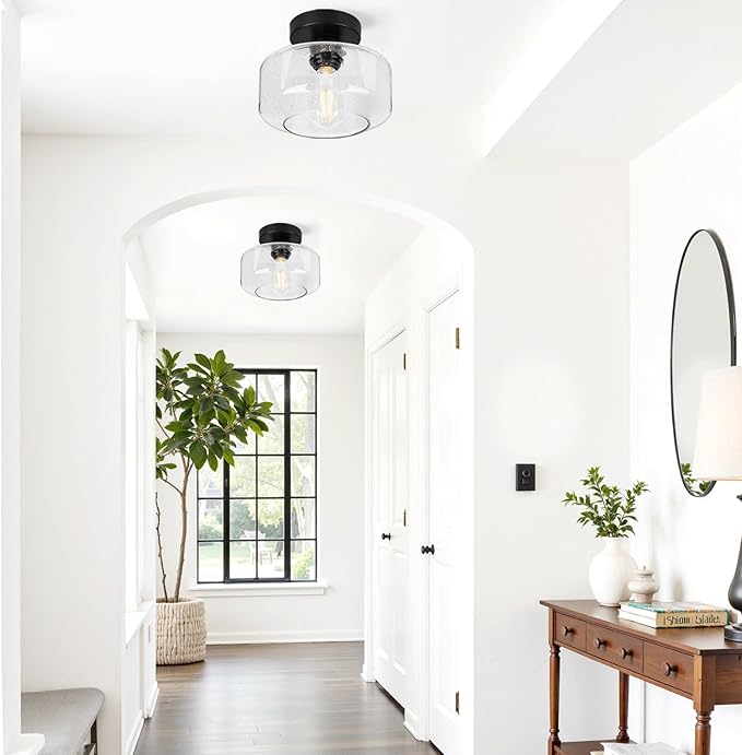 Industrial Semi Flush Mount Ceiling Light, 800 Lumen LED Bulb Included, Seeded Glass Shade Farmhouse Light Fixture for Hallway Corridor Kitchen Bathroom Bedroom Passway