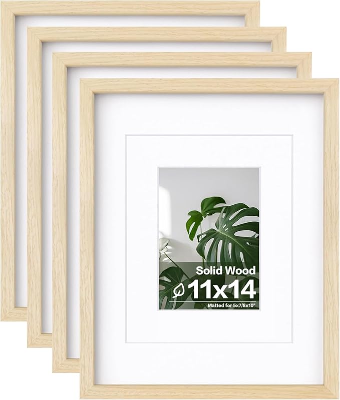 Egofine 11x14 Picture Frames Set of 4, Made of Solid Wood Covered by Plexiglass 5x7 and 8x10 with Mat or 11x14 without Mat, for Table Top Display and Wall Mounting Photo Frame Oak Wood