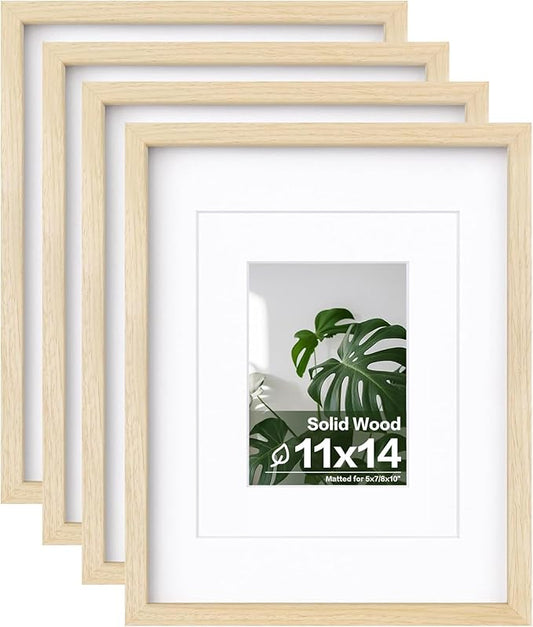 Egofine 11x14 Picture Frames Set of 4, Made of Solid Wood Covered by Plexiglass 5x7 and 8x10 with Mat or 11x14 without Mat, for Table Top Display and Wall Mounting Photo Frame Oak Wood
