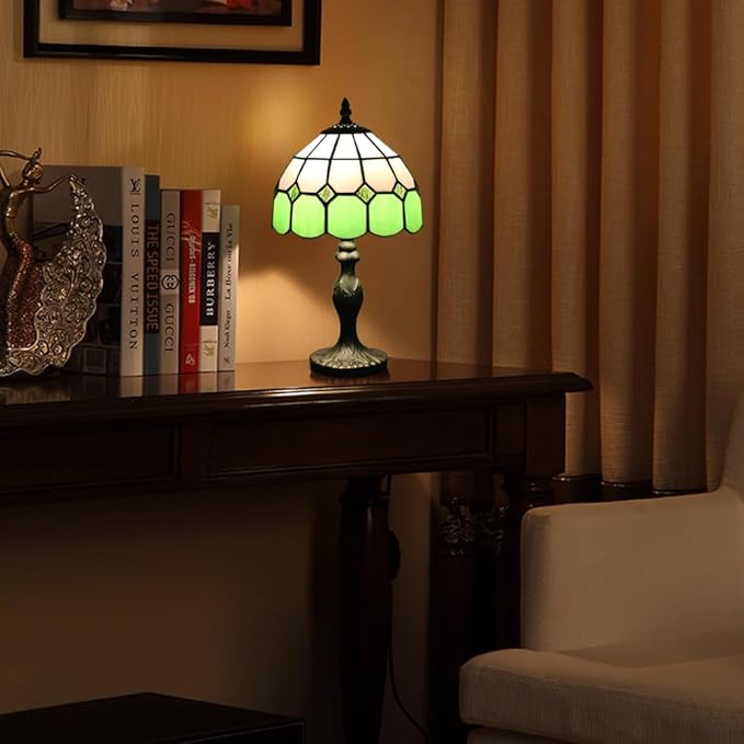Tiffany-Style 8 Inch Table Lamp Mediterranean Series Stained Glass Lampshades Small Bedside Lamp Reading Antique Desk Light Livingroom Bedroom Office Vintage Art Deco Victorian(Color:Green)