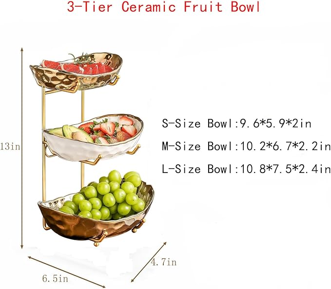 3-Tier Fruit Bowls for Kitchen Counter,Ceramic Bowl with Gold Metal Stand,3 Tier Fruit Basket for Fruit,Snack,Cake,Nuts,Dessert Storage