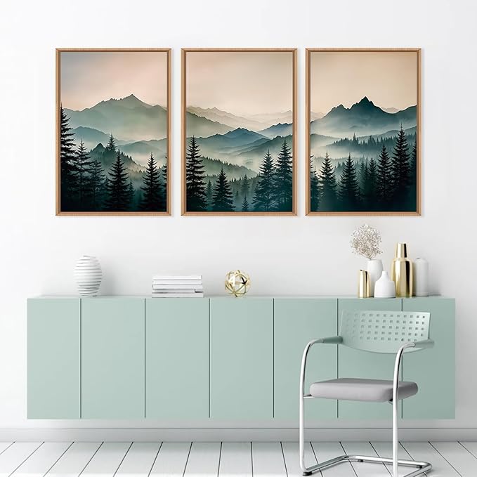 HPNIUB Large Green Mountain Framed Canvas Wall Art,Foggy Forest Wall Decor,Modern Watercolor Boho Pine Tree Wall Painting,Nature Mountains Landscape Art Print for Living Room,Bedroom,Office-16 x24 x3