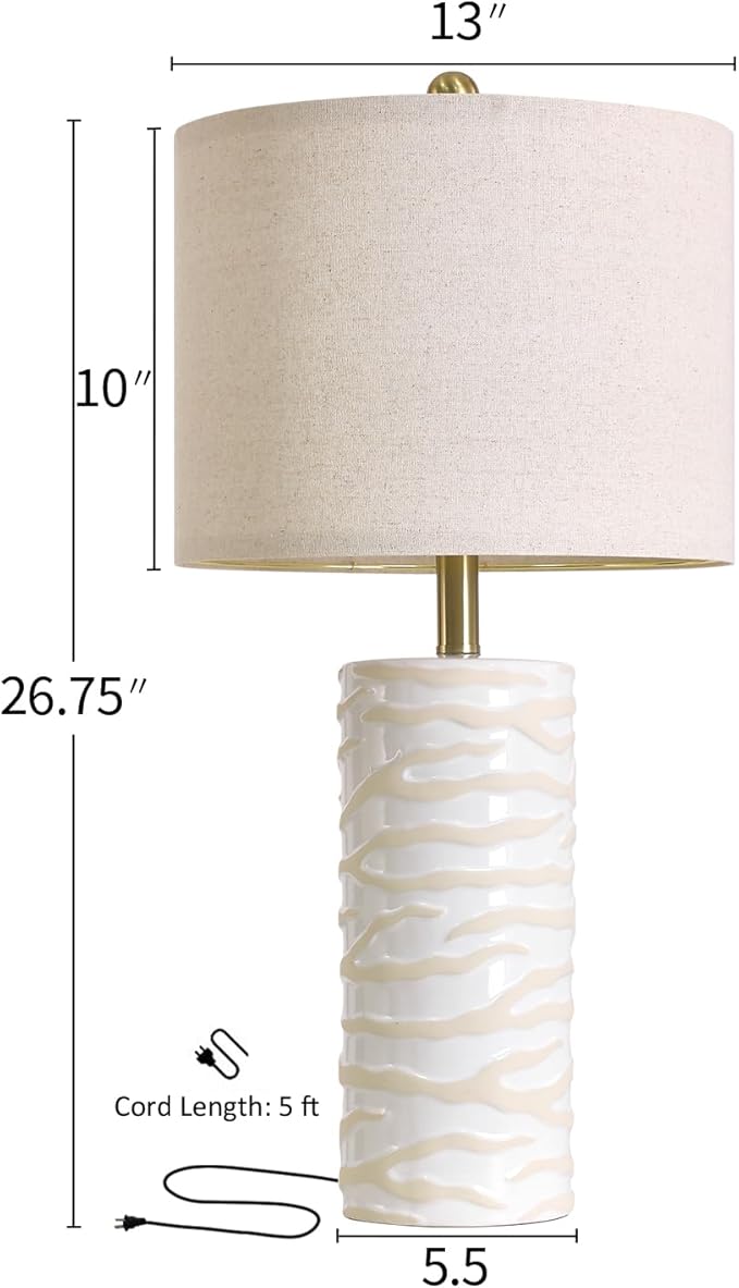 PoKat 26.75" Ceramic Table Lamp, Modern White Lamp for Living Room, Bedroom, Night Stands, Farmhouse Bedside Nightstand End Table Lamp