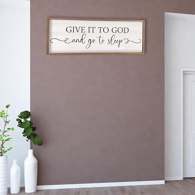 Surfapans Give It To God And Go To Sleep Sign Wall Decor Above Bed 40"x15" Master Bedroom Guest Room Over Bed Wood Rustic Framed Wall Art (Wood)