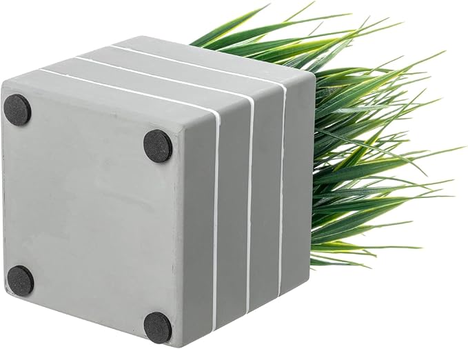 MyGift 9 Inch Tall Mini Artificial Green Grass Plants in Ribbed Gray Concrete Cube Planters, Tabletop Faux Greenery Square Cement Pots Centerpiece Décor, Set of 2