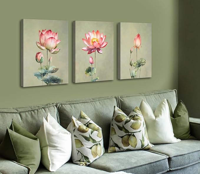 Framed Lotus Flower Canvas Wall Art Set Green Lotus Blossom Plant Floral Botanical Art Prints Minimalist Modern Wall Art Decor for Living Room Bathroom Kitchen Decor (12"x16"x3)