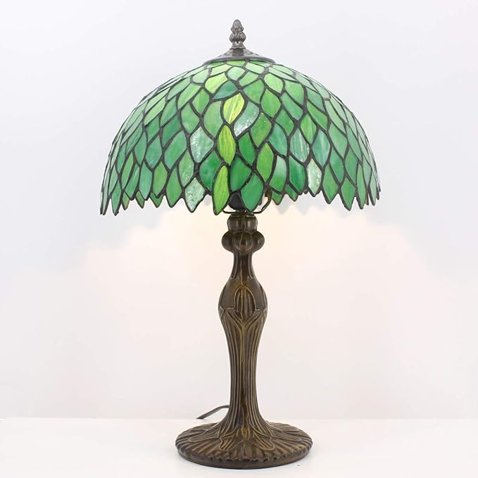WERFACTORY Tiffany Table Lamp Green Wisteria Style Stained Glass Desk Bedside Reading Light 12X12X18 Inches Decor Bedroom Living Room Home Office S523 Series