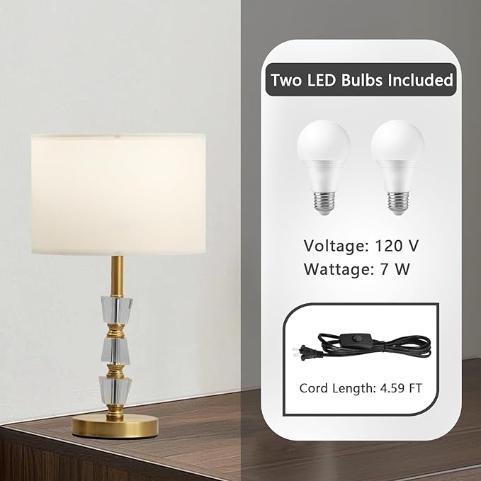 Crystal Table Lamps Set of 2, 3-Color Dimmable Gold Bedside Lamp for Living Room/Bedroom/Entryway and Other Rooms, Led Bulb Included