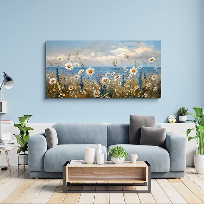 Wapluam Large Canvas Wall Art for Living Room Blue Ocean Wall Decor For Bedroom Bathroom Decoration Natural Seascape Painting Modern Office Wildflowers Artwork Pictures Home Decor Ready To Hang