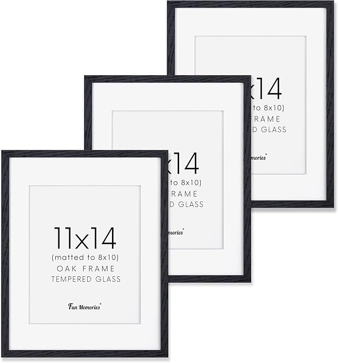 Black Picture Frames 11x14 Set of 3, Light Wood 11 x 14 Frames for Wall, Solid Oak Wood Frame 11 by 14 with Tempered Glass, 11x14 Frame with Mat for 8x10, Black 11x14 Poster Frames