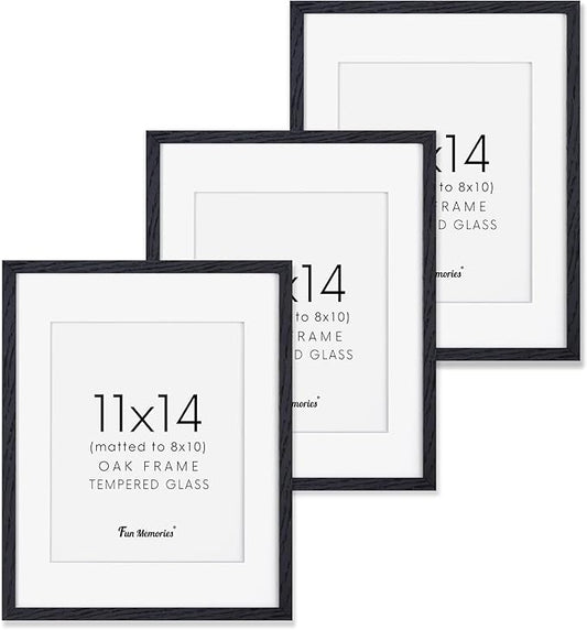 Black Picture Frames 11x14 Set of 3, Light Wood 11 x 14 Frames for Wall, Solid Oak Wood Frame 11 by 14 with Tempered Glass, 11x14 Frame with Mat for 8x10, Black 11x14 Poster Frames