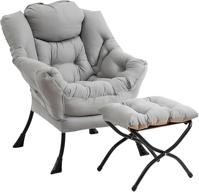 Lazy Chair with Ottoman, Modern Chair with Folding Footrest, Lounge Accent Chair, Comfortable Reading Chair (Light Grey)