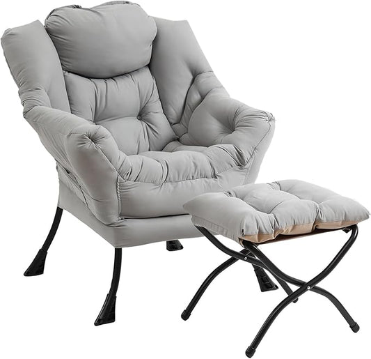 Lazy Chair with Ottoman, Modern Chair with Folding Footrest, Lounge Accent Chair, Comfortable Reading Chair (Light Grey)