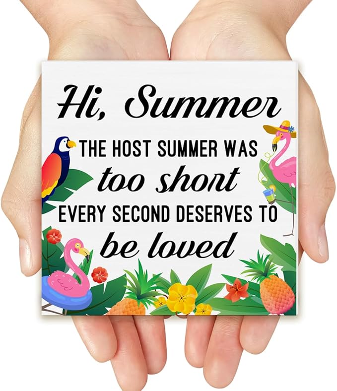 Summer Decorations Summer House Wood Block Sign Flamingo Decor for Home Desk Table Shelf 5 x 5 Inches