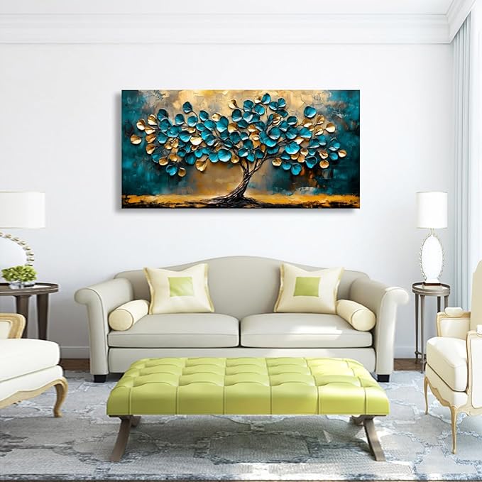 Tree of life Teal Gold Leaf Pictures Canvas Wall Art for Living room Office Bedroom Wall Decor,Abstract Wall Art Print Paintings Modern Blue Leaves Artwork Waterproof Ready to Hang-20x40inch