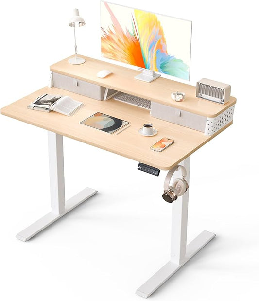 Electric Standing Desk with 2 Drawers 40''x 24'' Small Adjustable Height Sit to Stand Up Desk with Storage Shelf, C-Clamp Mount Compatible Home Office Desks Computer Gaming Table Ergonomic Workstation
