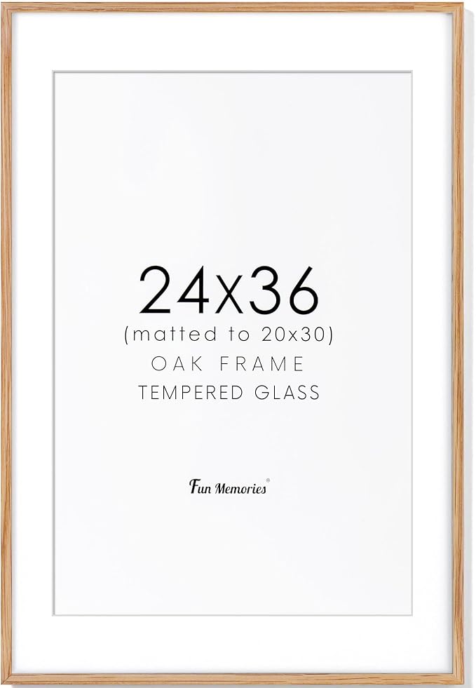 24x36 Picture Frame, 24x36 Poster Frame - Solid Oak Wood & Tempered Real Glass, Large 24 x 36 Frame for Wall, Rustic Wooden 24 by 36 Frame, 24x36 Frame with Mat for 20x30, Natural Oak Color