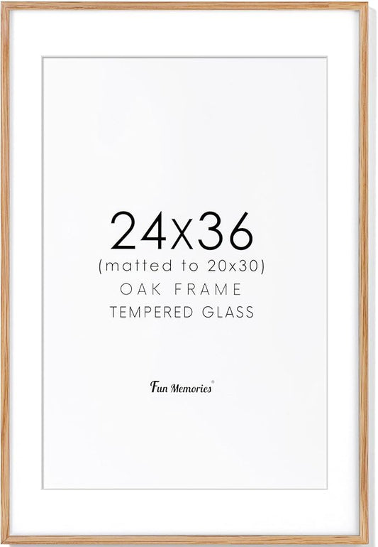 24x36 Picture Frame, 24x36 Poster Frame - Solid Oak Wood & Tempered Real Glass, Large 24 x 36 Frame for Wall, Rustic Wooden 24 by 36 Frame, 24x36 Frame with Mat for 20x30, Natural Oak Color