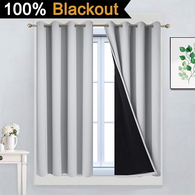 Yakamok Total Blackout Curtains, 2 Thick Layers Completely Blackout Thermal Insulated Drapes with Black Liner for Bedroom(52Wx45L, Light Grey, 2 Panels)