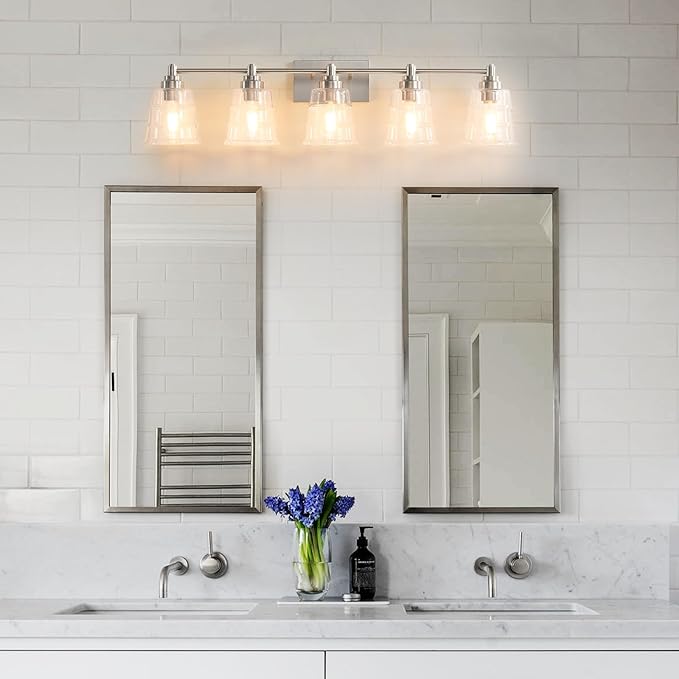 Brushed Nickel Bathroom Vanity Light Fixture, 5 Light Bathroom Light Fixtures Over Mirror with Clear lampshade and Metal Base Sconce, 37 inch Modern Vanity Light for Bathroom(Exclude E26 Bulb)