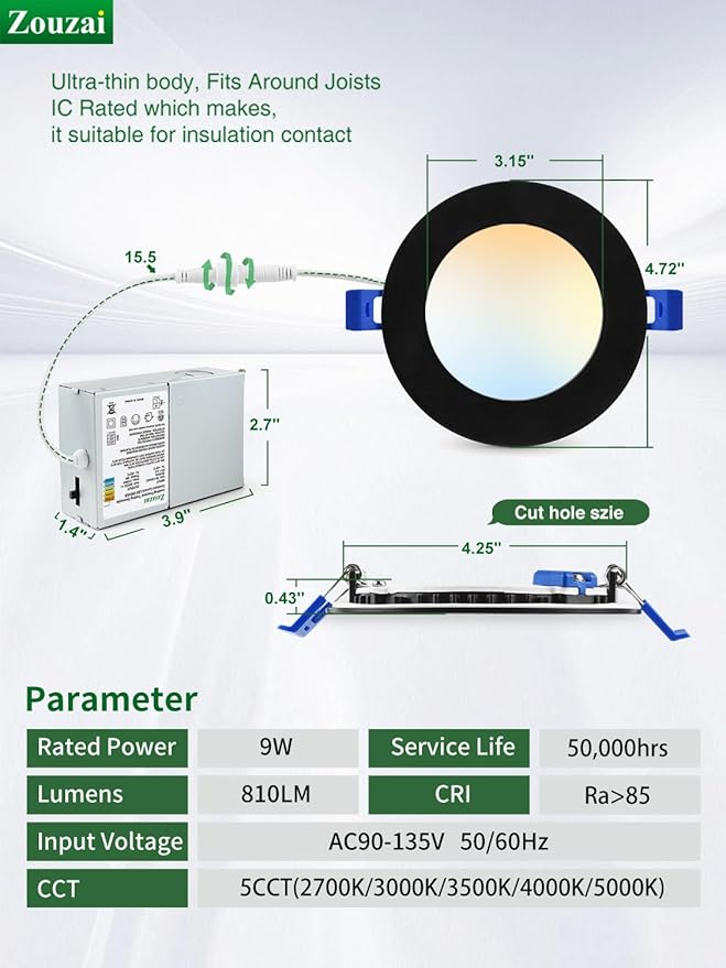 zouzai 20 Pack 4 Inch Black Ultra-Thin LED Recessed Ceiling Light with Junction Box 5CCT Adjustable Dimmable Can-Killer Downlight - ETL and Energy Star Certified