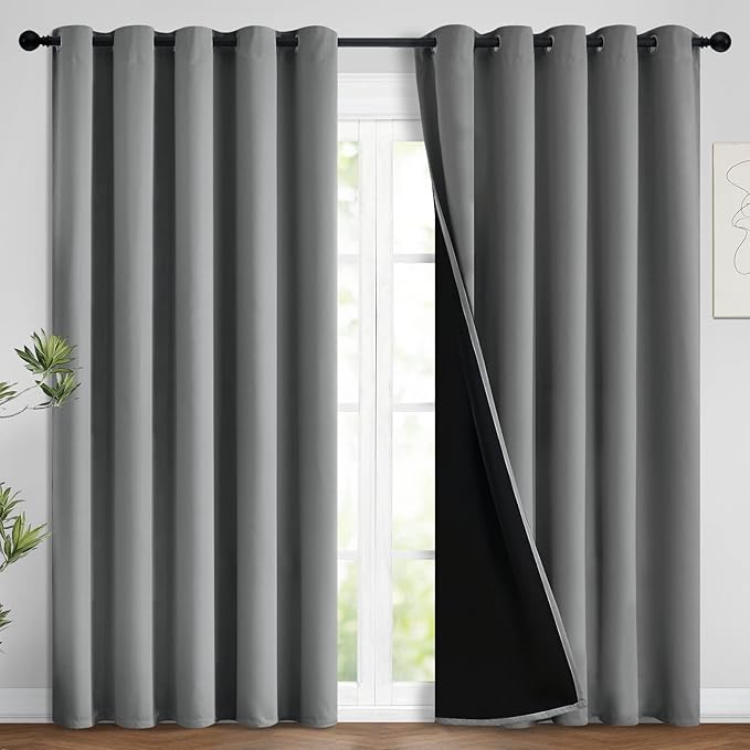 Yakamok 100% Grey Blackout Curtains for Bedroom, Light Blocking Thermal Insulated Noise Reducing Blackout Drapes for Living Room(62Wx96L, 2 Panels)