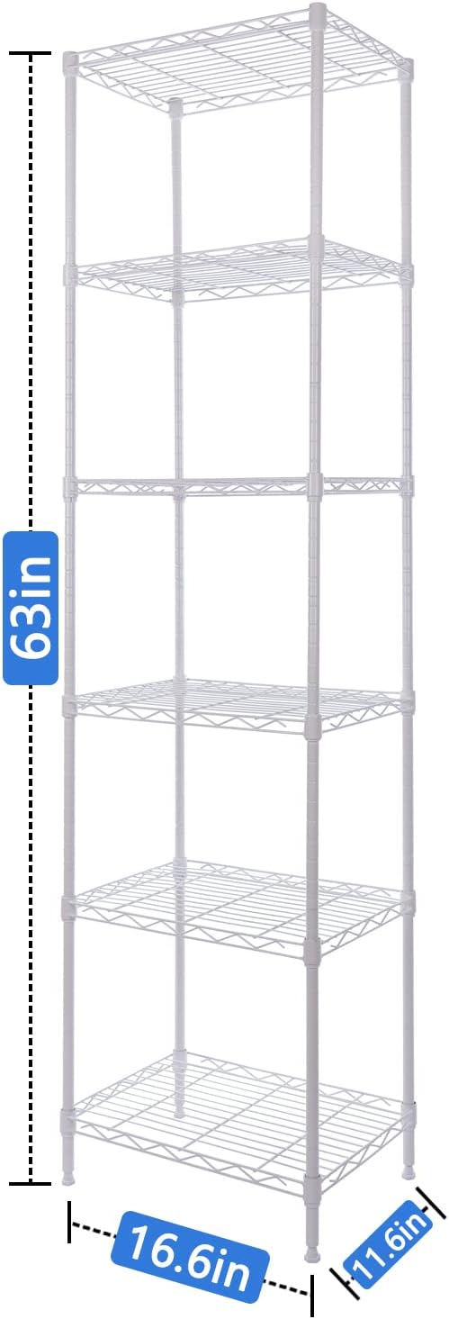 GIOTORENT 6-Tier Storage Shelves Standing Shelving Metal Units, Adjustable Height Wire Shelf Display Rack for Pantry Laundry Bathroom Kitchen 16.6” x 11.8” x 63”, White