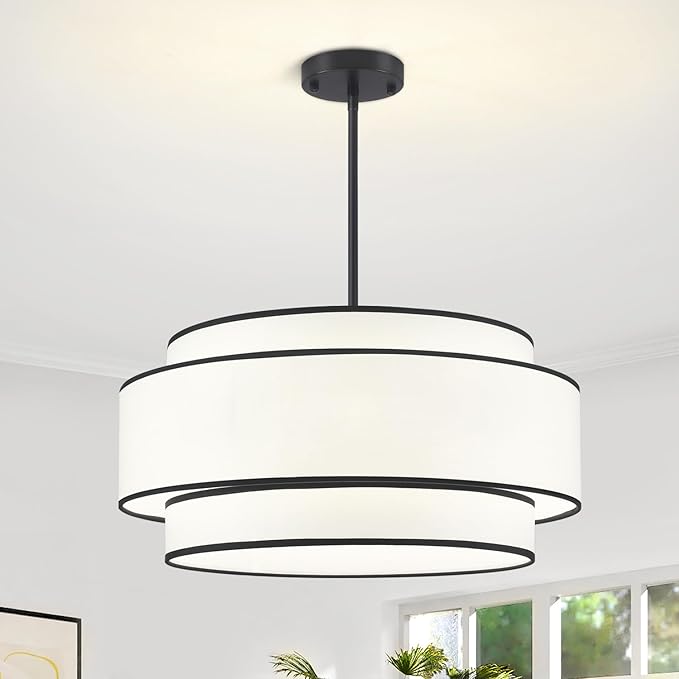 19.7'' Modern Drum Chandeliers,Black Chandeliers for Dining Room Hanging Light Fixtures,3-Tier Drum Pendant Light Over Island,6-Light White Fabric Chandeliers for Kitchen Living Room Entryway Bedroom