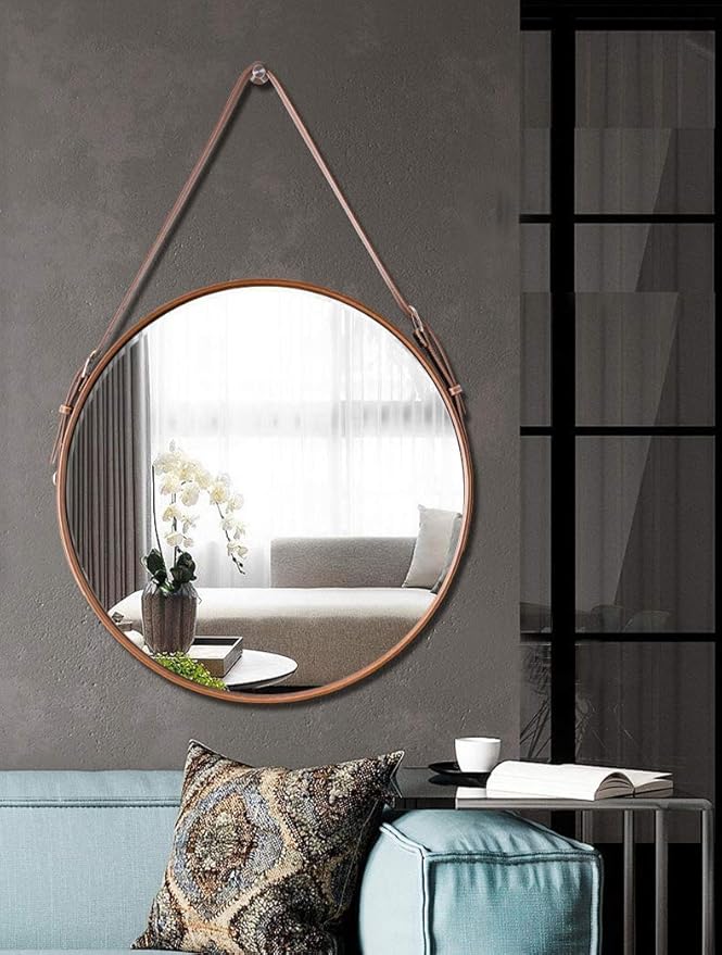 HofferRuffer Round Wall Mirror Decorative Mirror, Hanging Mirror with Hanging Strap Silver Hardware Hooker/Hanger (Brown, 23.6'')