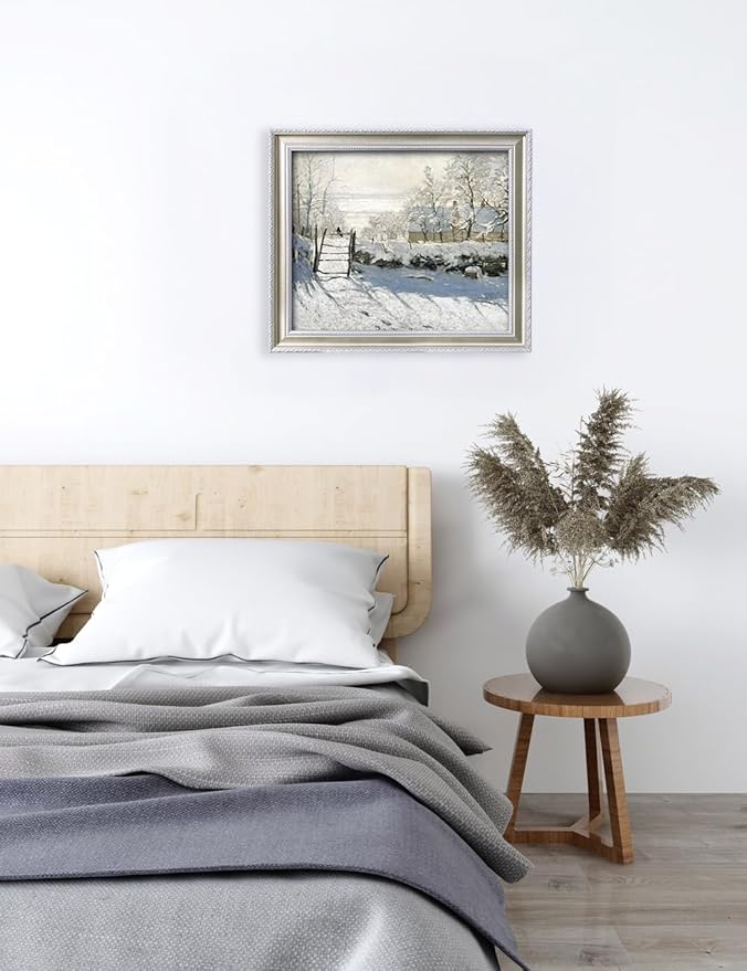 DECORARTS - Claude Monet The Magpie Giclee Print with Silver Solid Wood Frame, Impressionist Large Framed Wall Art, Ready to Hang, Framed Size28.75x24.75, Made in USA