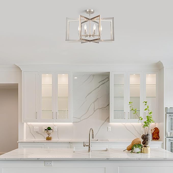 Brushed Nickel Chandelier 26 Inch Modern Geometric 8-Light Large Metal Dining Room Pendant Lighting Fixture for Kitchen Island Living Room Entryway Hallway Bedroom