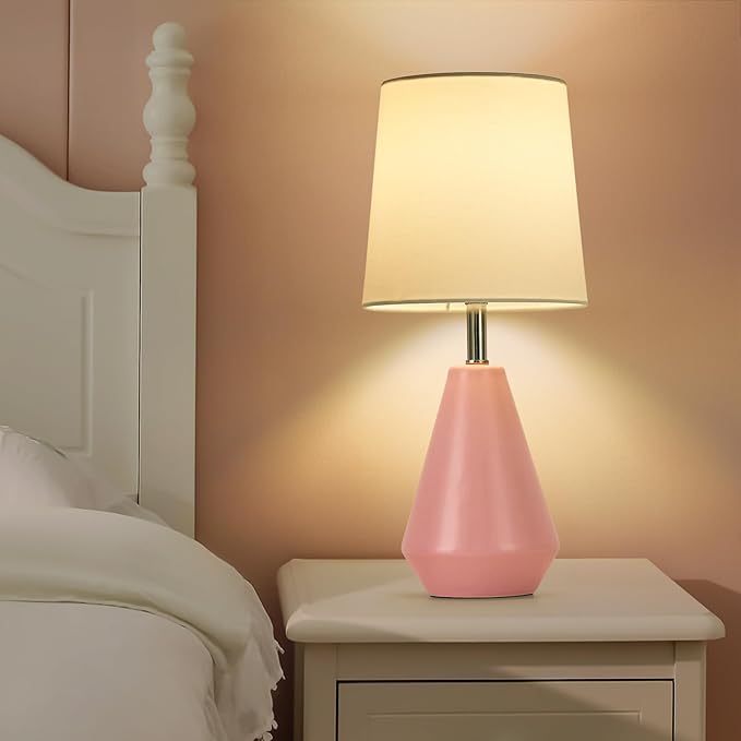 Small Bedside Table Lamp for Bedroom - Reading Desk Lamp with 3 Color Temperatures，15.5" Nightstand Ceramic Lamp with Fabric Shade for Kids Room,Living Room,Dorm,Home Office (Pink+White)
