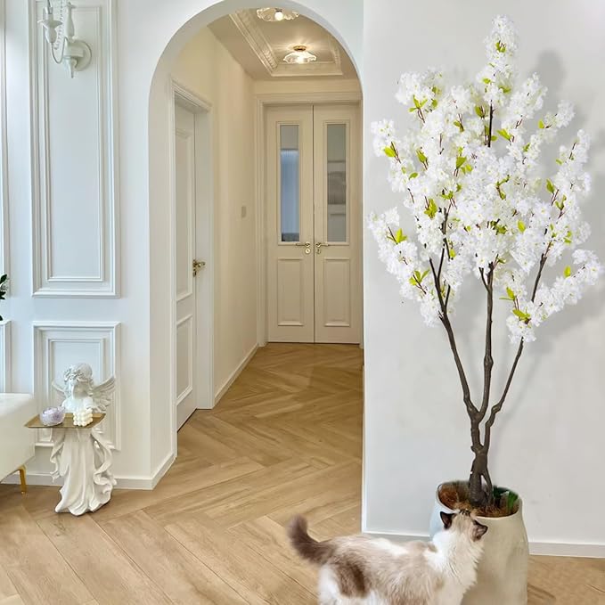 Artificial White Cherry Blossom Tree 6ft(72in) Faux White Flower Tree Indoor Decor Handmade Natural Fake Cherry Tree for Wedding Realistic Cherry Blossom Plant in Pot for Home,Living Room,Office Decor