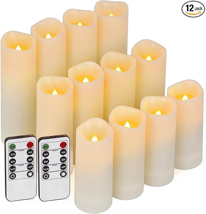 Enido 12 Pc Flameless LED Candles with Remote & Timer, Outdoor Waterproof, Flickering Electric Warm Lights for Cozy Home & Holiday Romantic Decor, Battery Operated for Party(D 2.2” x H 4”/5”/6”