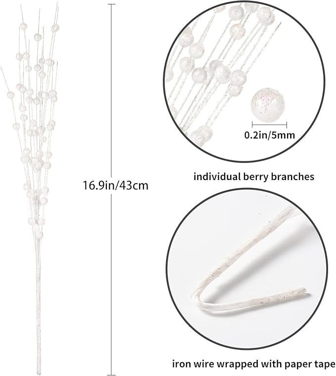 Christmas Artificial Glitter Berry Stem Decorations Decorative Bead Sticks Xmas Picks Glittery Twigs Branches for Christmas Tree Wreath Gift Vase Home Decor Party Ornaments White 24 PCS