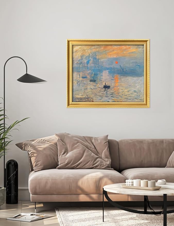 DECORARTS - Claude Monet Impression Sunrise Giclee Print with Gold Solid Wood Frame, Impressionist Large Framed Wall Art, Ready to Hang, Framed Size 34.75x28.75, Made in USA