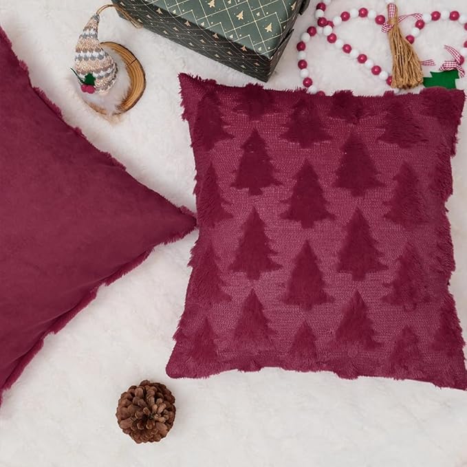 GEEORY Christmas Tree Throw Pillow Covers 20x20 Inch Set of 2, Xmas Winter Soft Plush Faux Fur Wool Decorative Farmhouse Holiday Cushion Case for Home Decoration (Wine Red) GC009-20