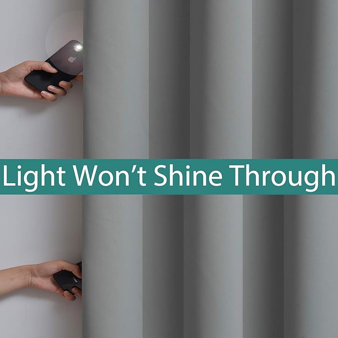 Yakamok Soft and Smooth Full Shading Curtains, 100% Blackout Curtains for Bedroom, 2 Thick Layers Thermal Insulated Drapes with Black Liners (52Wx63L, Grey, One Pair)