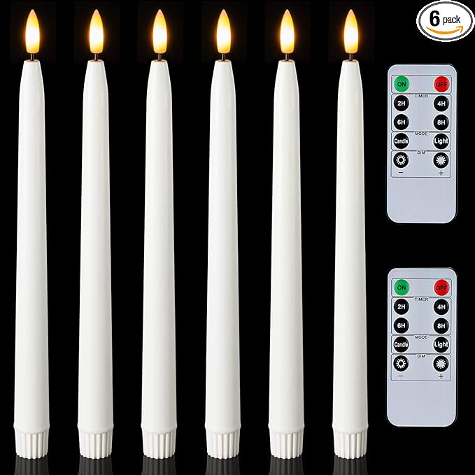 Homemory 11 inches Waxy Battery Operated Taper Candles with Remote Timer Dimmer, 6 Pcs Flameless Taper Candles with Flickering Flame, White Candlesticks Battery Powered for Ceremony Memorial Decor