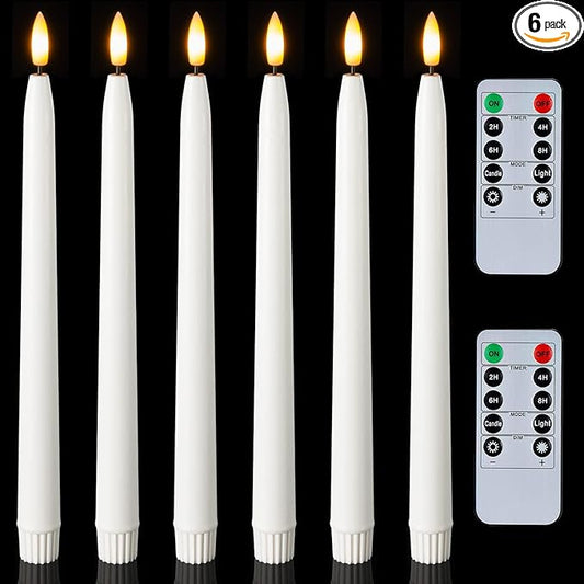 Homemory 11 inches Waxy Battery Operated Taper Candles with Remote Timer Dimmer, 6 Pcs Flameless Taper Candles with Flickering Flame, White Candlesticks Battery Powered for Ceremony Memorial Decor