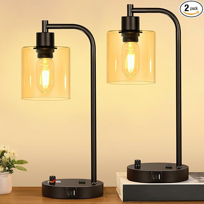 Lynnoland Set of 2 Industrial Table Lamps with 2 USB Port, Black Nightstand Desk Lamps with Amber Glass Shade for Reading Living Room Office 2 LED Bulb