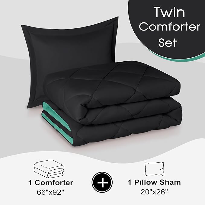 Basic Beyond Twin Bed Green Comforter Reversible for All Seasons, Black/Mint Leaf, 1 Comforter and 1 Pillow Sham