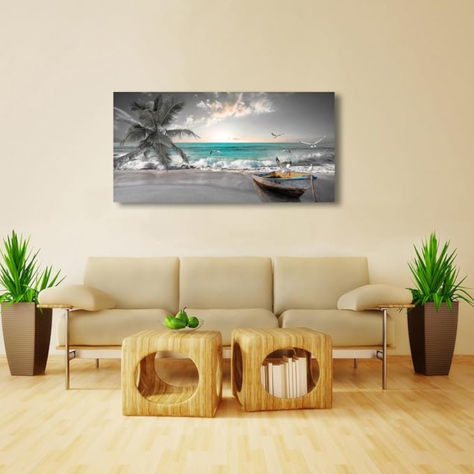 Beach Sea Wave Pictures Canvas Wall Art For Living Room Bedroom Wall Decor,Sea Wave Wall Art Print Paitnings For Home Decor,Morden Artwork Palm Boat Canvas Art Waterproof Ready To Hang-28x57 Inches