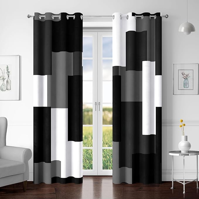 Black Grey 100% Blackout Curtains for Bedroom 72 inch Length 2 Panels Set White Grey Modern Abstract Geometric Black Out Curtains Insulated Room Darkening Window Drapes for Living Room, 52Wx72L