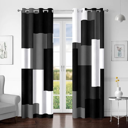 Black Grey 100% Blackout Curtains for Bedroom 72 inch Length 2 Panels Set White Grey Modern Abstract Geometric Black Out Curtains Insulated Room Darkening Window Drapes for Living Room, 52Wx72L