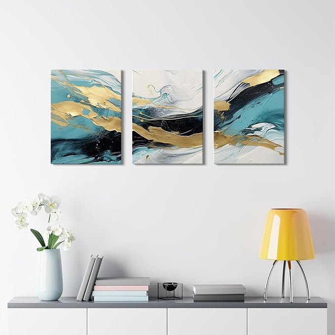 Abstract Teal Canvas Wall Art Bedroom Decor Set of 3 Abstract Gold Line Ink Prints Picture Bathroom Artwork 12x16", Abstract Turquoise Glitter Splash Modern Framed Painting for Living Room Decoration
