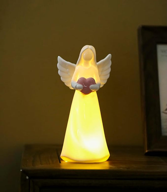 ADAVAS.Y&G Porcelain Lighted Angel Figurine with Pink Heart, Best for Your Loved one 7" H